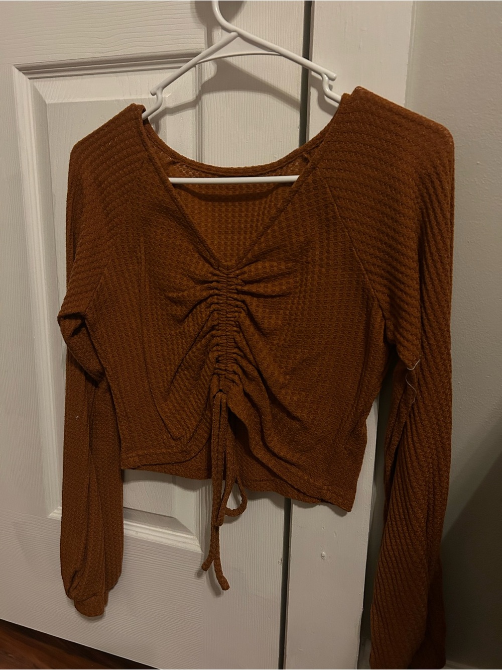 Ruched Long-Sleeve Knit Top - Cinnamon Brown